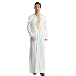 Wholesale UAE Polyester Embroidered Round Collar Robe Muslim Man Haramain Turkish Islamic Abaya Thobe