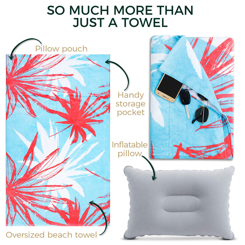 Thick Cotton Extra Large Beach, Pool, Sunbathing - with Inflatable Pillow & Hidden Pocket  Oversized Beach Towel