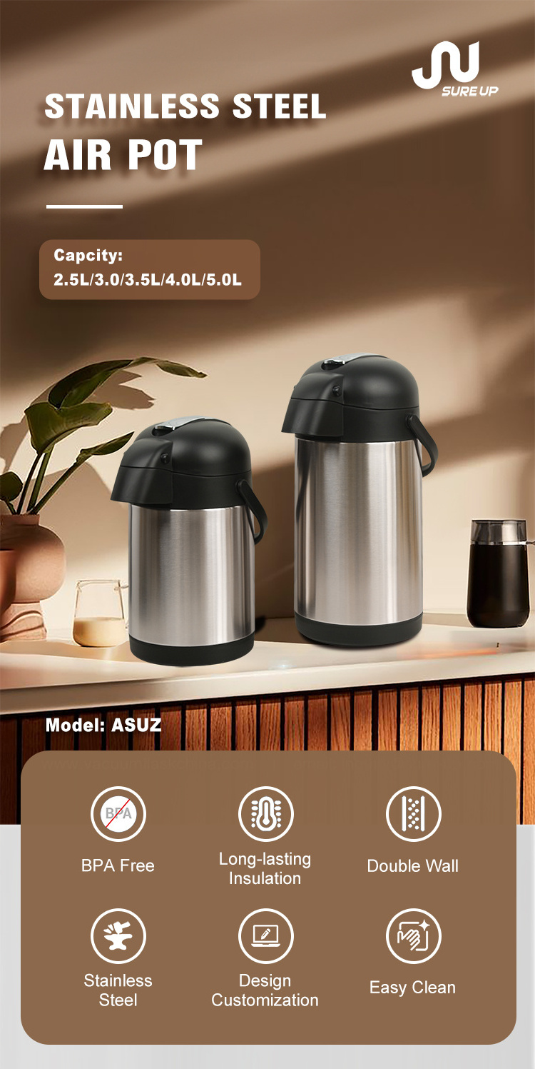 High Level Stainless Steel vacuum insulated airpot Coffee Carafe With Pump thermos vacuum flask Thermal for Hot Cold 12-24 hours