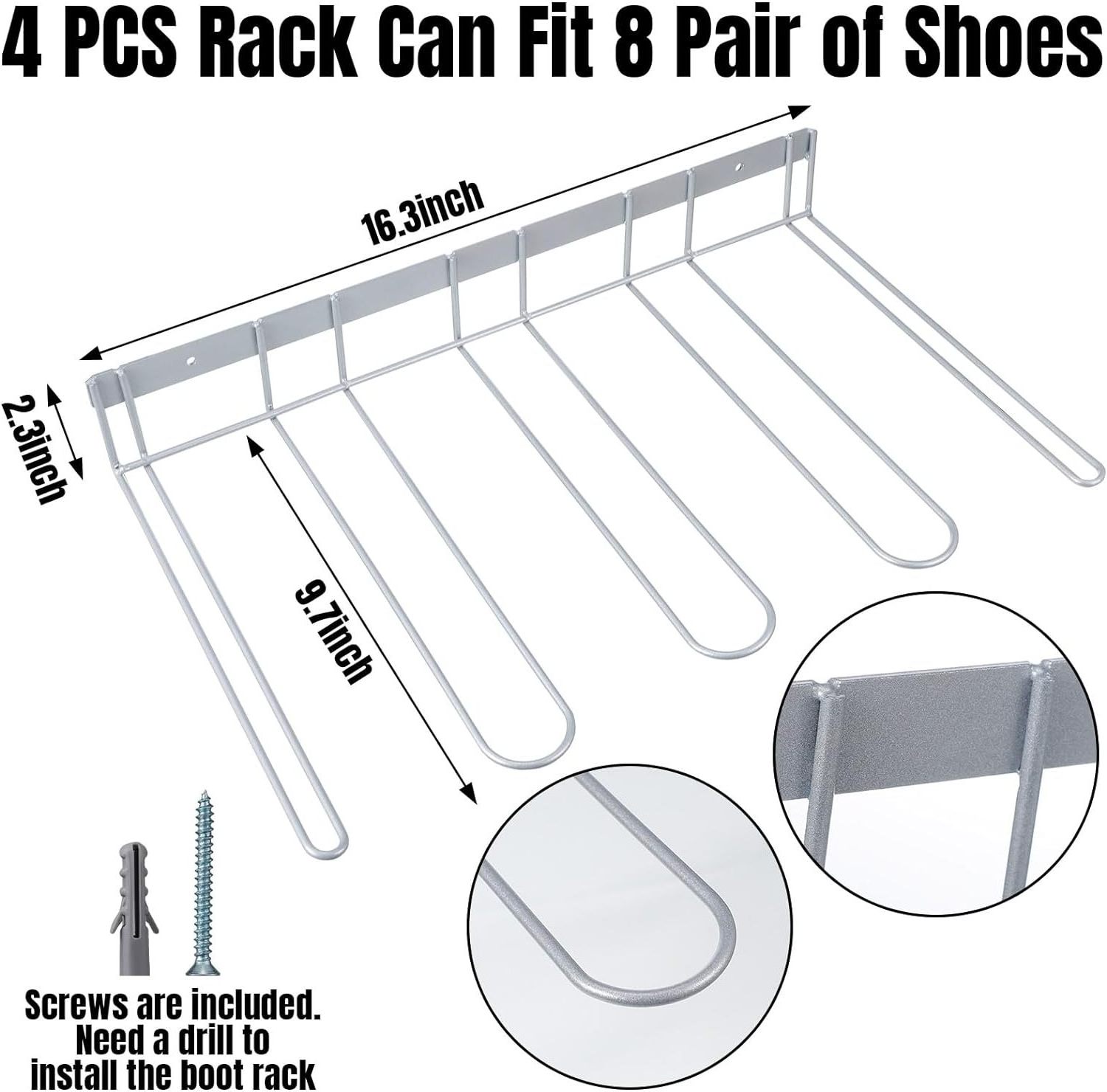 Steel 4 Pair Hanging Boot Rack Tall Shoe Holder for Closet Wall Mount Boot Organizer