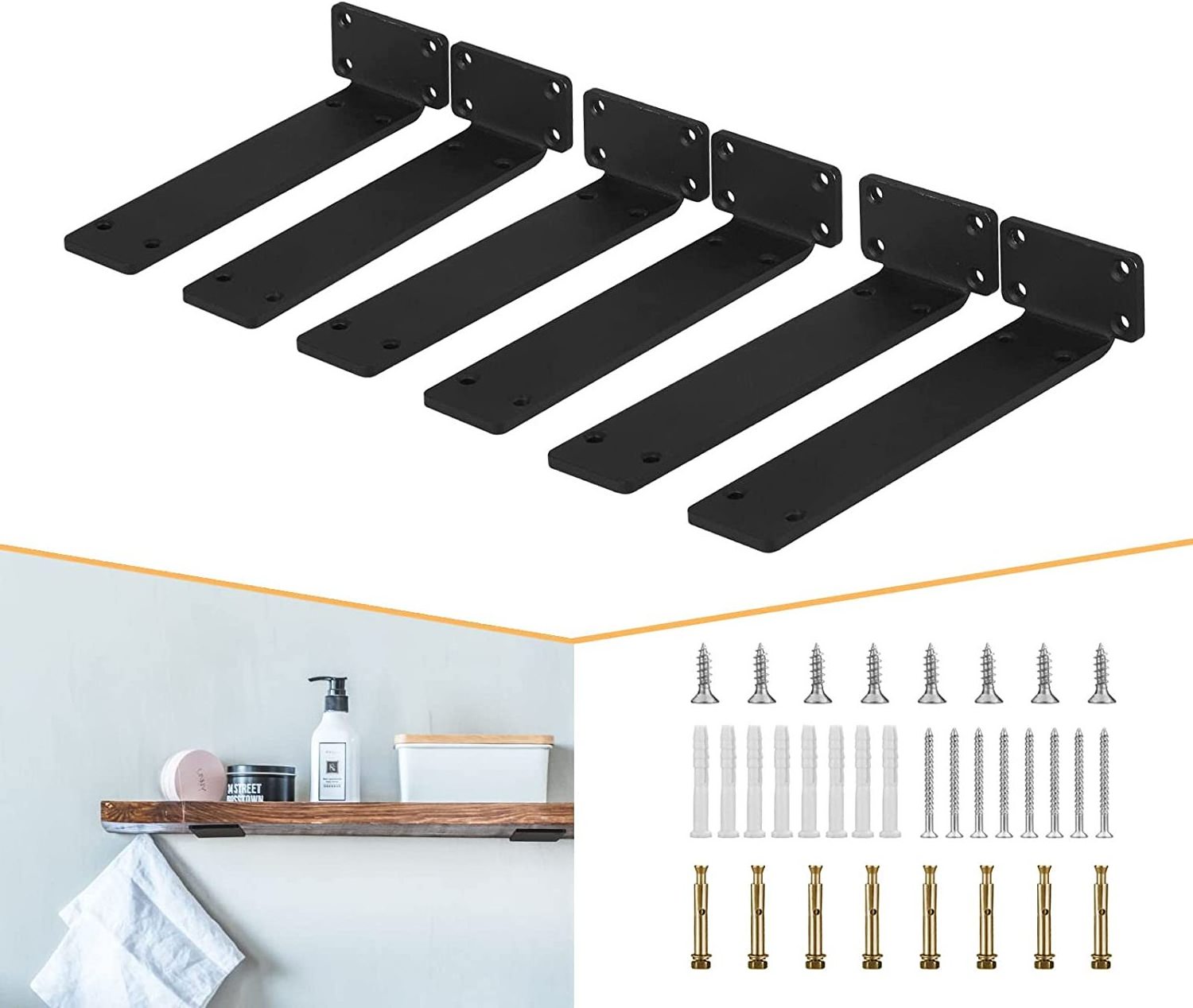 6 Inch Heavy Duty Floating Shelf Brackets Solid Steel Industrial Rustic L Bracket DIY Shelving Hidden Bracket Hardware Support