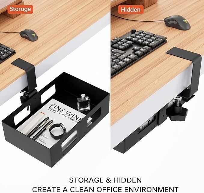 2 Pack Clamp-on Side Desk Swivel Organizer, Under Desk Hidden Storage Drawer with Cable Hole, Hanging Desk Rotated Metal Basket