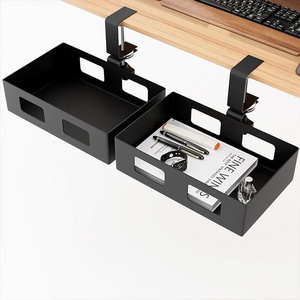 2 Pack Clamp-on Side Desk Swivel Organizer, Under Desk Hidden Storage Drawer with Cable Hole, Hanging Desk Rotated Metal Basket