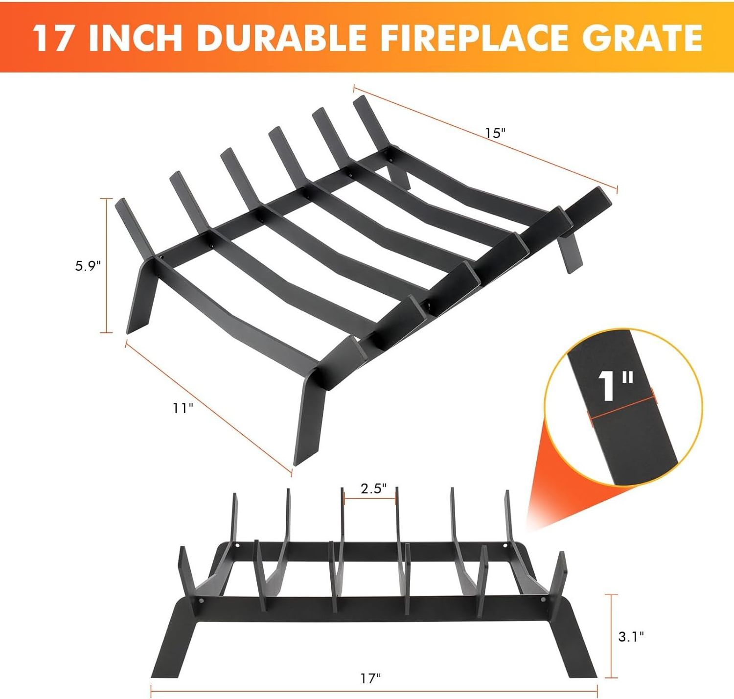 Heavy Duty Fire Grate 17 inch for Fireplace 6-Bars Log Grate Holder Wood Grate for Outdoor Wood Stove Firewood Rack Holder