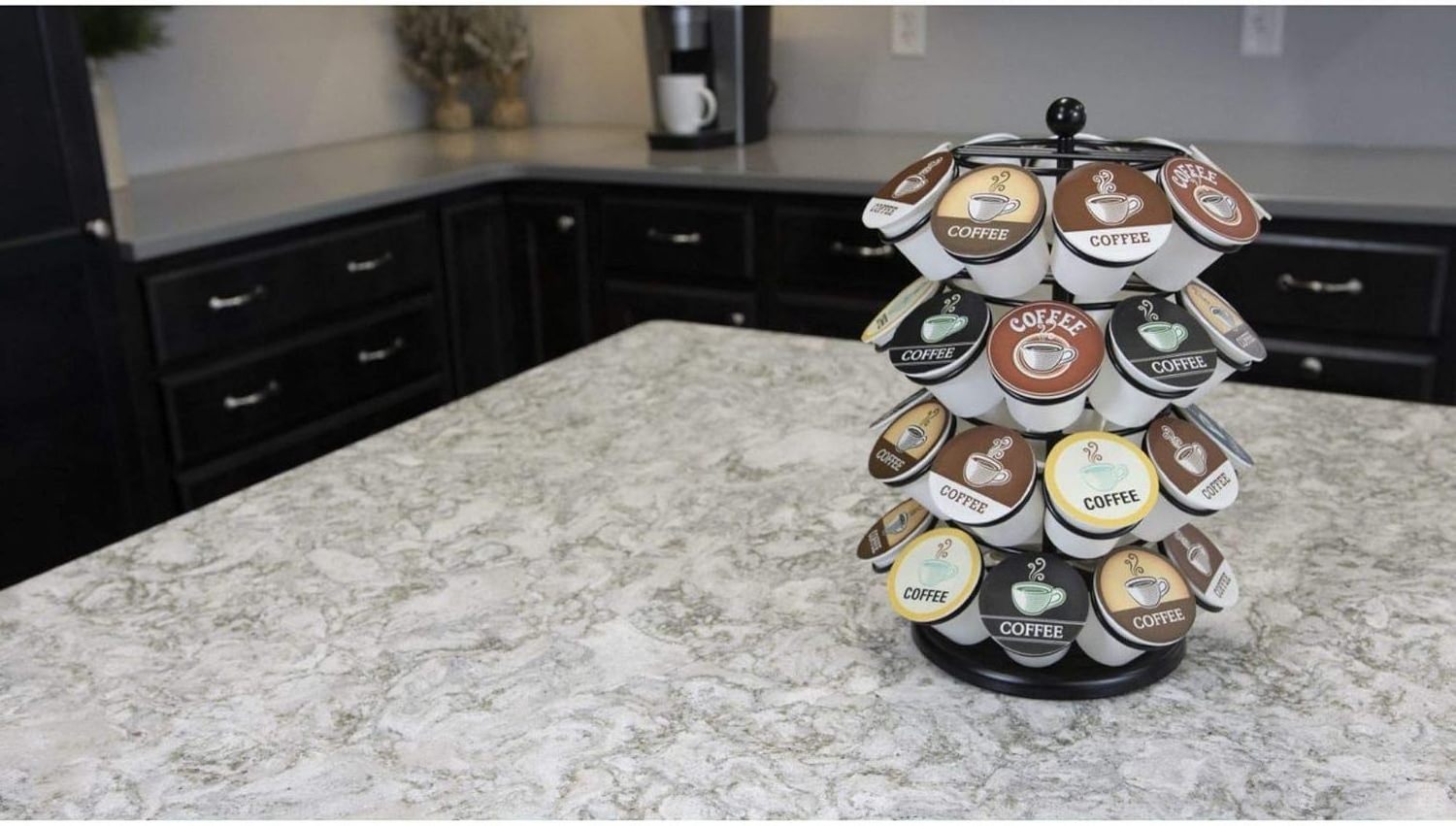 360-Degrees Rotating Black Metal K Cup Coffee Pod Carousel Coffee Pods Storage Rack Compatible with Keurig Pods and Dolce Gusto