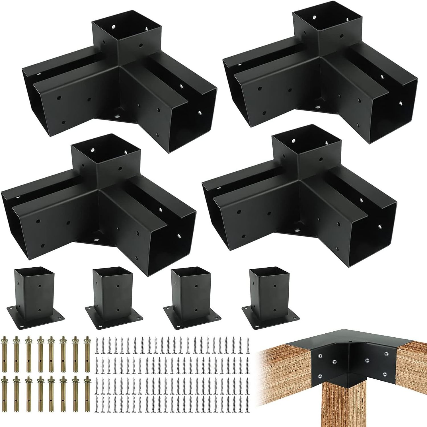 4x4 Pergola Bracket Sustainable 4-Way Right Angle Corner Bracket with Black Powder Coated Woodwork DIY Pergola Kit