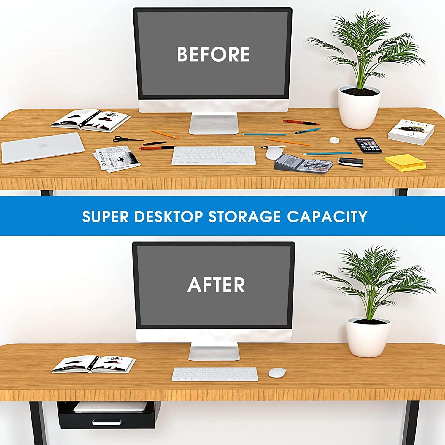 Under Desk Drawer Storage with Laptop Shelf, Double Layer Easy Slide-Out Drawer Organizer with Ball Slide