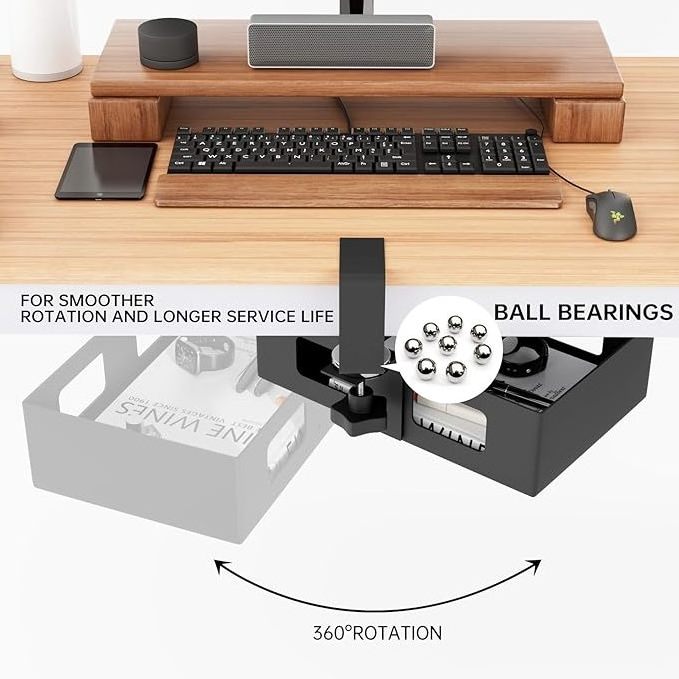 2 Pack Clamp-on Side Desk Swivel Organizer, Under Desk Hidden Storage Drawer with Cable Hole, Hanging Desk Rotated Metal Basket