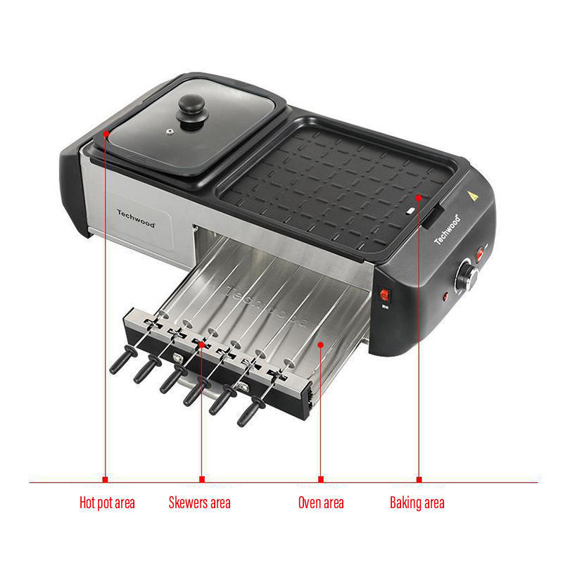 Smokeless Indoor Multifunctional 3 In 1 6 Strings Electric BBQ Kebab Grill Machine With Hotpot