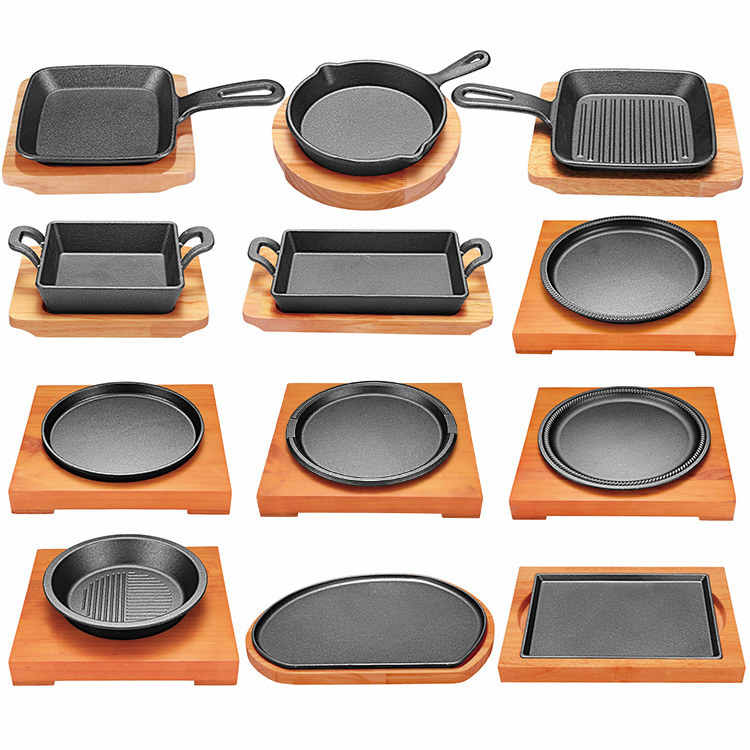 Round Square Shape Cast Iron Cooking Hot Frying Grill Fajita Skillet Sizzling Plate Set With Wooden Base Steak Pan