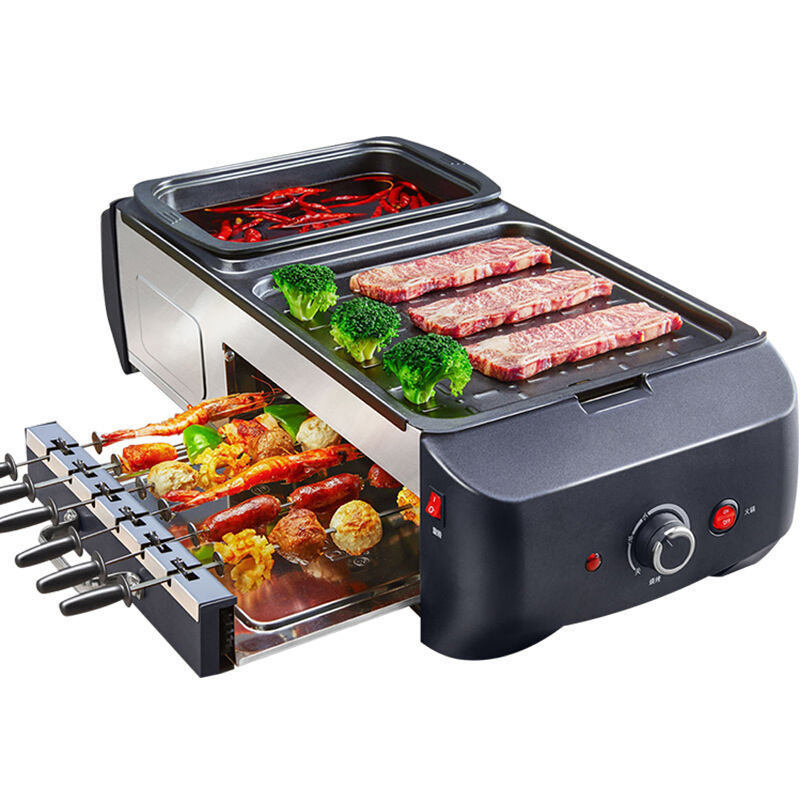 Smokeless Indoor Multifunctional 3 In 1 6 Strings Electric BBQ Kebab Grill Machine With Hotpot