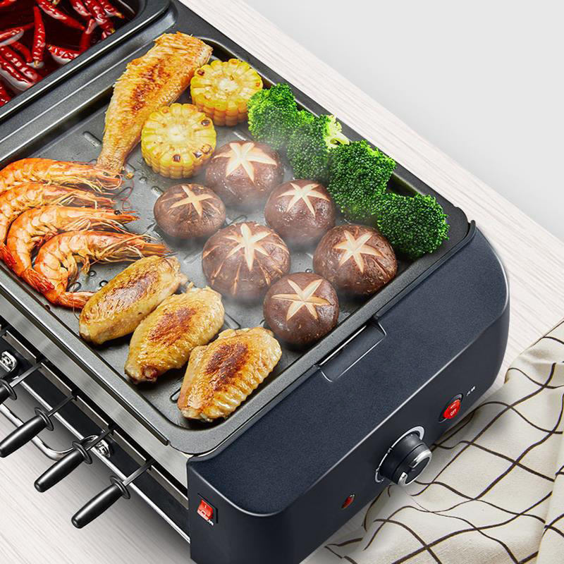 Smokeless Indoor Multifunctional 3 In 1 6 Strings Electric BBQ Kebab Grill Machine With Hotpot