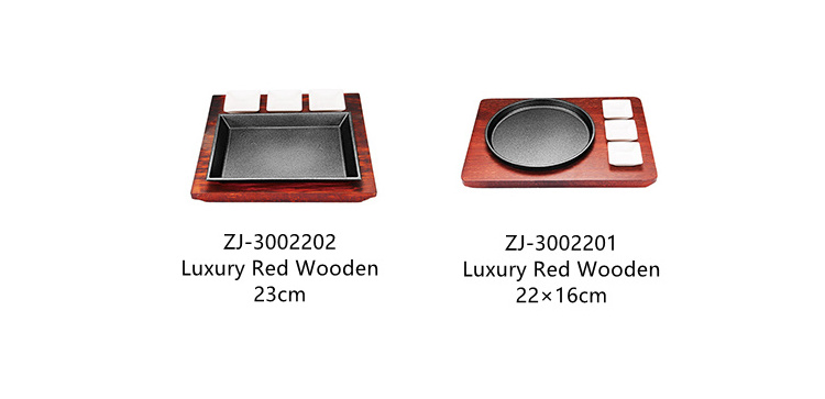 Round Square Shape Cast Iron Cooking Hot Frying Grill Fajita Skillet Sizzling Plate Set With Wooden Base Steak Pan