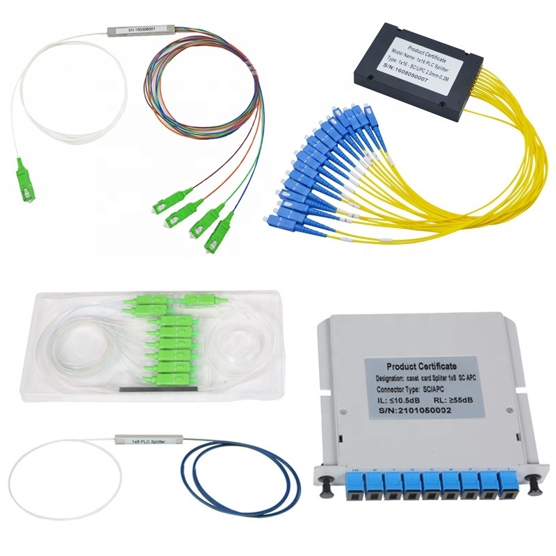 1:2 1:4 1:8 1:16 1:32 1:64 FTTH FTTX ABS Box PLC Splitter with SC LC UPC APC connector card splitter steel tube splitter