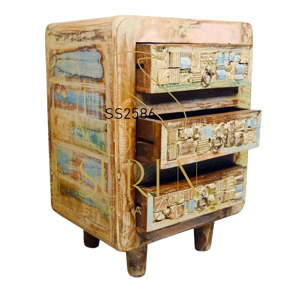 Premium Quality Bedroom Furniture Designer Carved Patchwork Old Wood Three Handmade Drawer Bedside Table