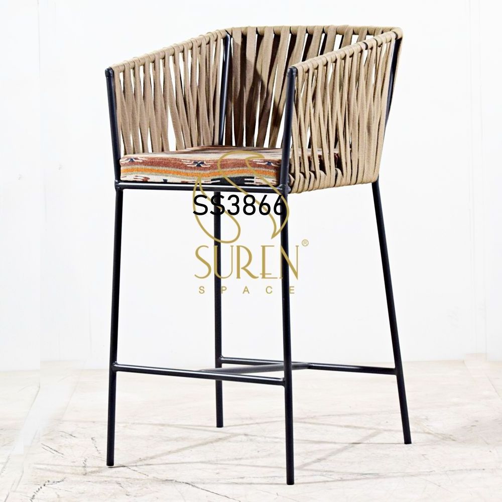 Indian Designer Handcrafted Unique Style Rope Bar chair Restaurant Design Iron Rope Leather Seating Chair