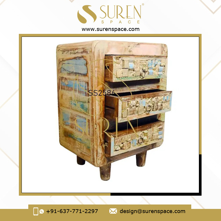 Premium Quality Bedroom Furniture Designer Carved Patchwork Old Wood Three Handmade Drawer Bedside Table