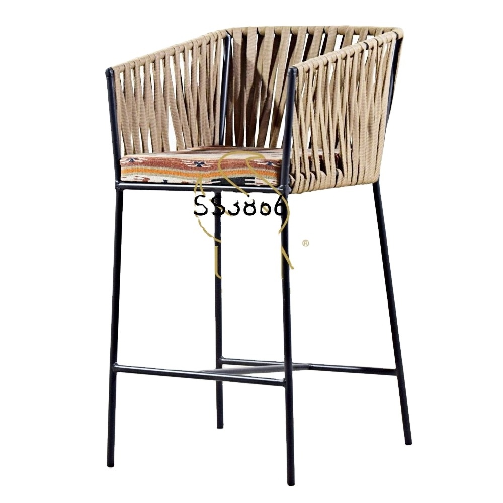 Indian Designer Handcrafted Unique Style Rope Bar chair Restaurant Design Iron Rope Leather Seating Chair