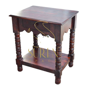 Indian Designer Hand Carved Solid Wood Mahogany Handcrafted Shade Side Table