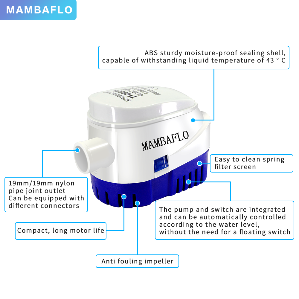 MAMBAFLO 1200GPH 12V/24V dc electric automatic marine impeller bilge pump for boat plumbing submersible high flow rate yacht