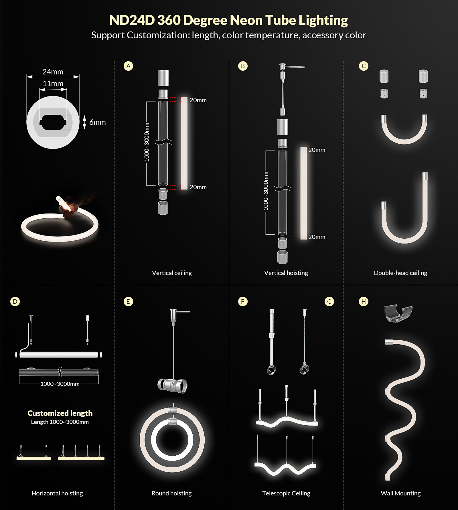 With Full Accessories 360 Degree LED Flexible Silicone Round Tube Light 360 Neon Flex Strip Light Rope Neon Lights