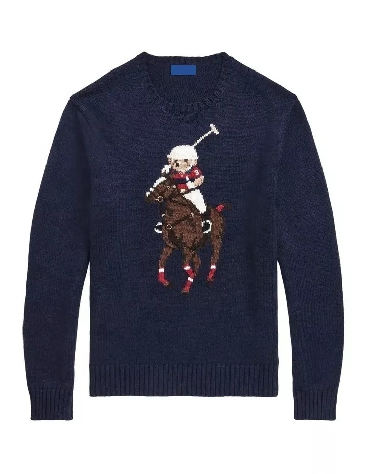 wholesale custom logo men teddy bear embroidery jacquard long sleeve knit polo sweater polo bear sweater