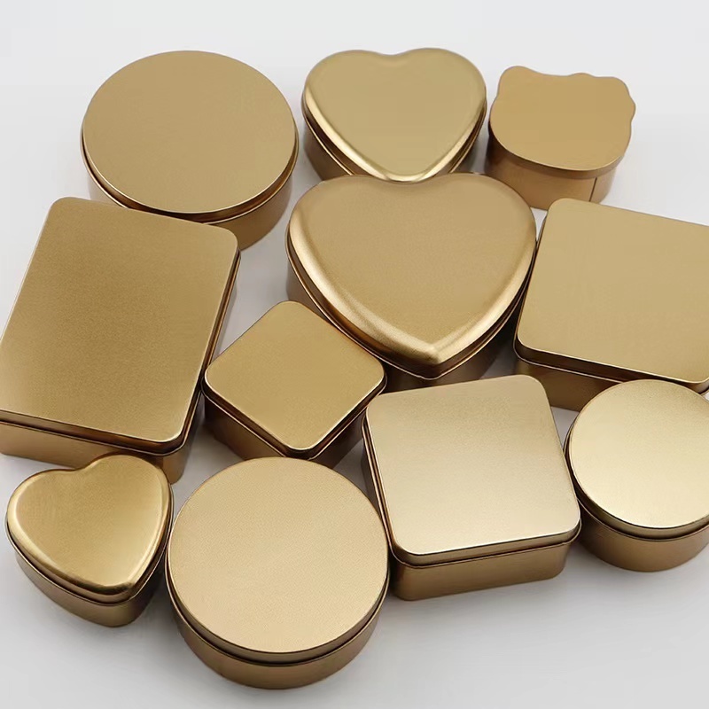 Square round heart shape custom fashion empty portable gold metal tinplate box tin cans wedding candy cookie tin box