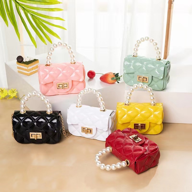 High Quality Wholesale New Product PVC Mini Jelly Bag Rhombic Pearl Children Cute Purse Chain Handbag For Girls