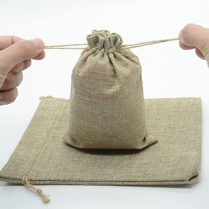 Hot Sale Custom Logo Printed Eco Friendly Small Pouch Linen Jute Burlap Drawstring Gift Bag With Hemp Rope