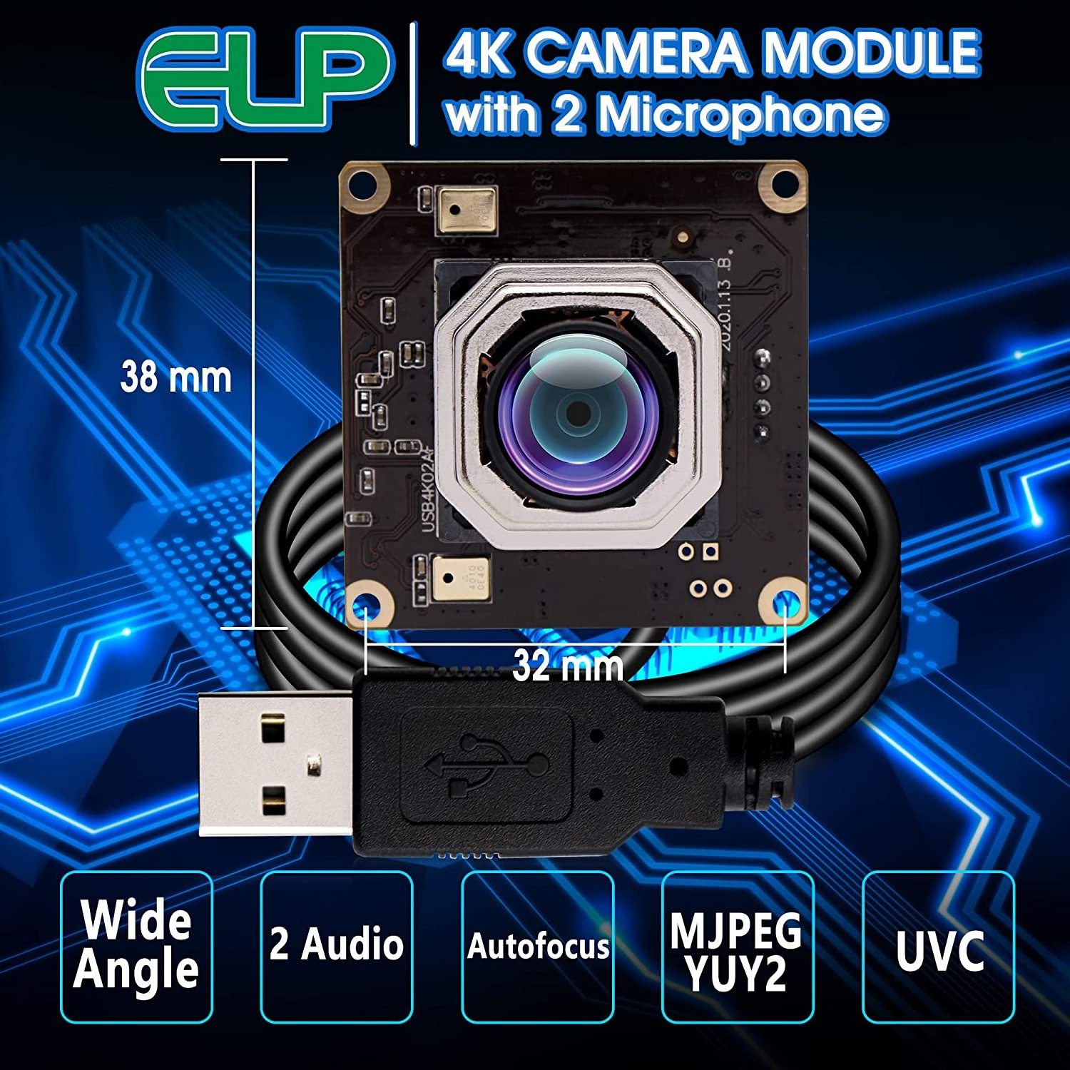 ELP 4K Camera Autofocus No Distortion Lens with Dual Microphone IMX415 PC Camera 8MP Webcam Board for Computer, Laptop