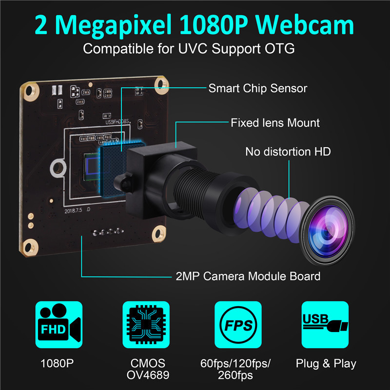 ELP 2 Megapixel CMOS OV4689 High speed usb camera 1080P 120fps 60fps 240fps  with no distortion lens