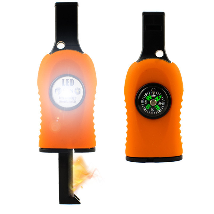 Outdoor camping multi-color whistle for help flint lighter, Fire starter survival LED compass multifunctional fire stick