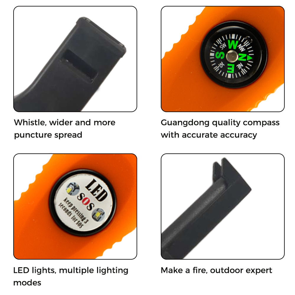 Outdoor camping multi-color whistle for help flint lighter, Fire starter survival LED compass multifunctional fire stick