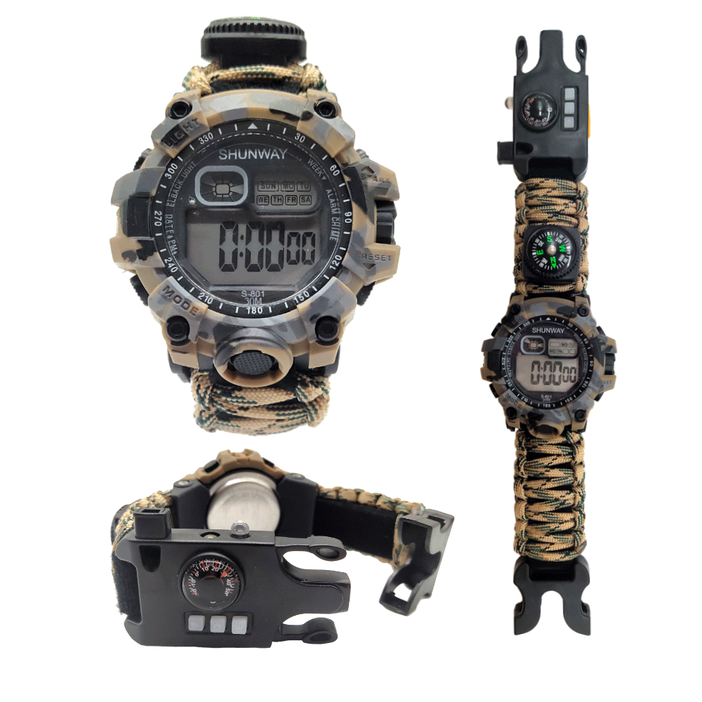 Outdoor Digital Multifunctional Adjustable Water Proof Tactical Survival Watch Paracord With Knife And Whistle