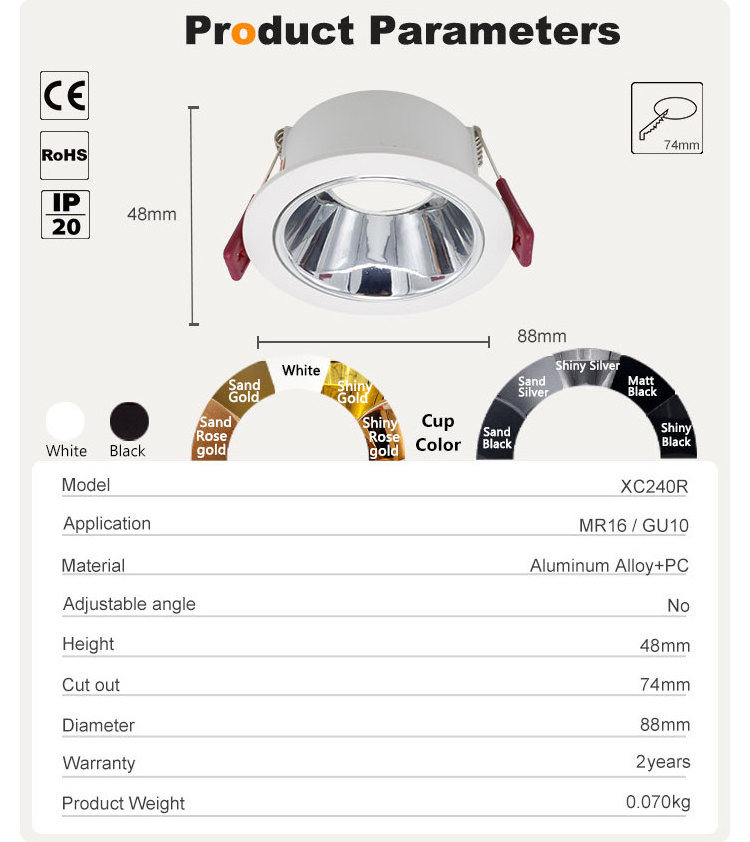 GU10 MR16 Indoor small ceiling round die-casting aluminum recessed anti-glare down lights