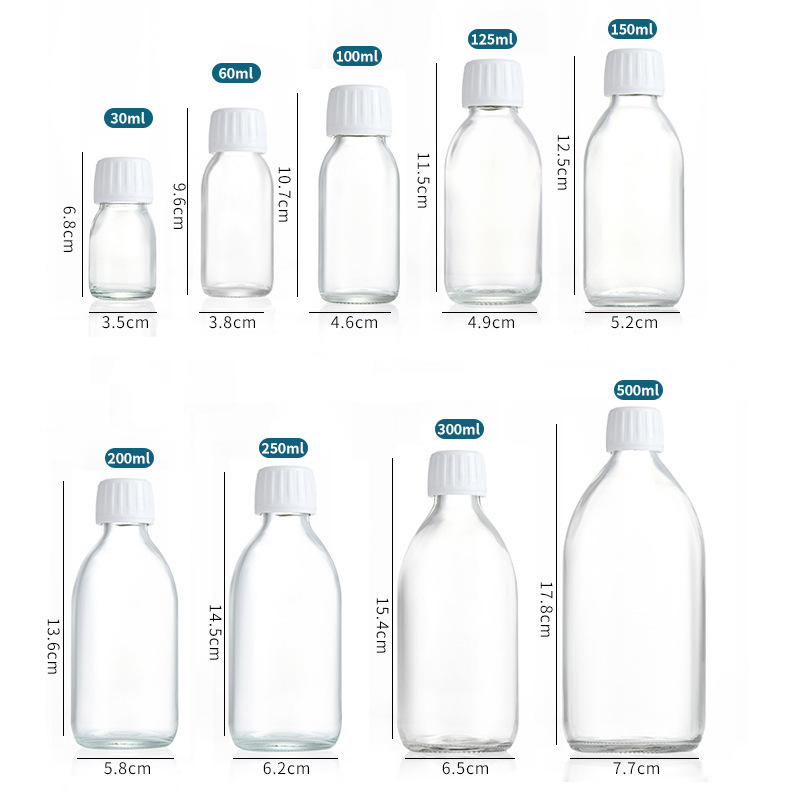 Empty Clear Oral Liquid Glass Bottle 30ml 60ml 100ml 300ml Round Potion Syrup Glass Bottle