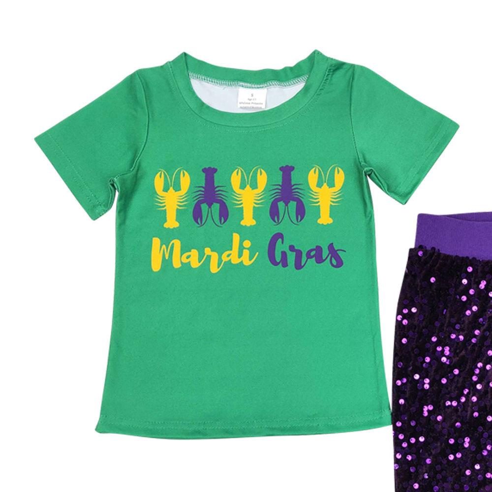 Happy Mardi Gras Green Print Short Shirt purple sequin Bell Pants