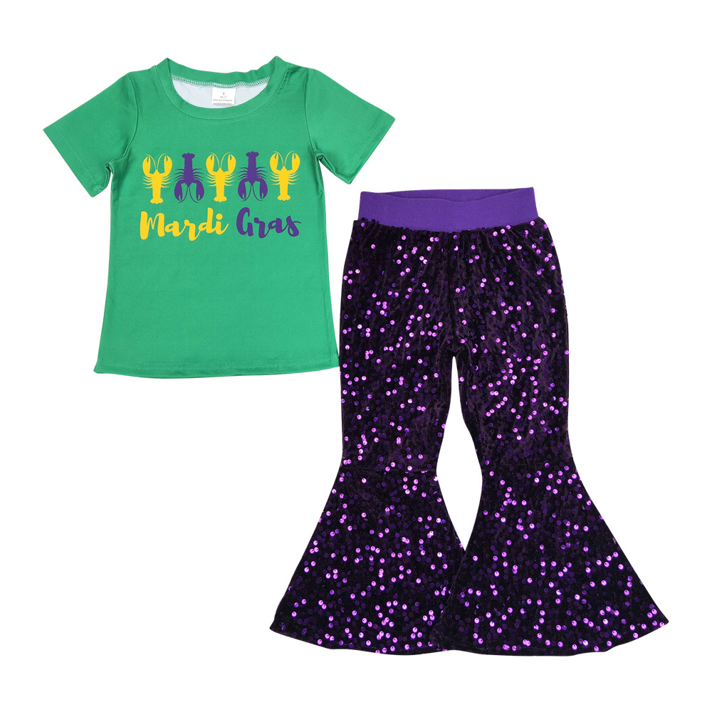 Happy Mardi Gras Green Print Short Shirt purple sequin Bell Pants