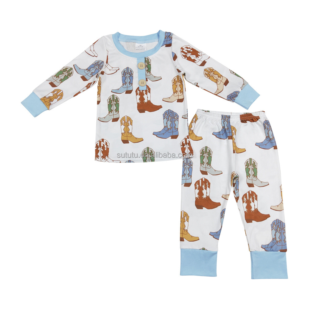 New Fashion Toddler Boys Boutique Clothing Sleeping Night Wear Western Boots Print Long Sleeve Pants Milk Silk Pajama Set