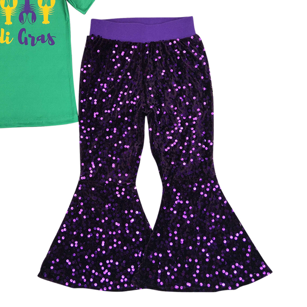 Happy Mardi Gras Green Print Short Shirt purple sequin Bell Pants