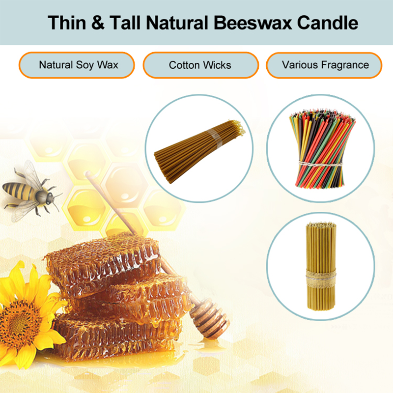 High Quality Wholesale Decorative Tall Thin Pure Beeswax Candles for Church Prayer Smokeless No Drip Honey Scented Taper Candles