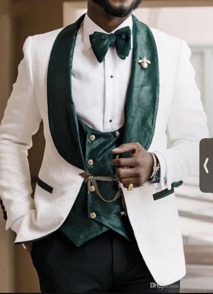 Men Suits 3 Piece Tuxedo Jacquard White and Green Velvet Style Suits Wedding Party Elegant Suits Formal Fashion Bespoke For Men