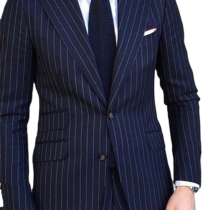 Navy Blue Business Men Suit Striped 2024 Slim Fit Pinstripe Formal Wedding Tuxedo Notched Lapel Fashion Suit for Men