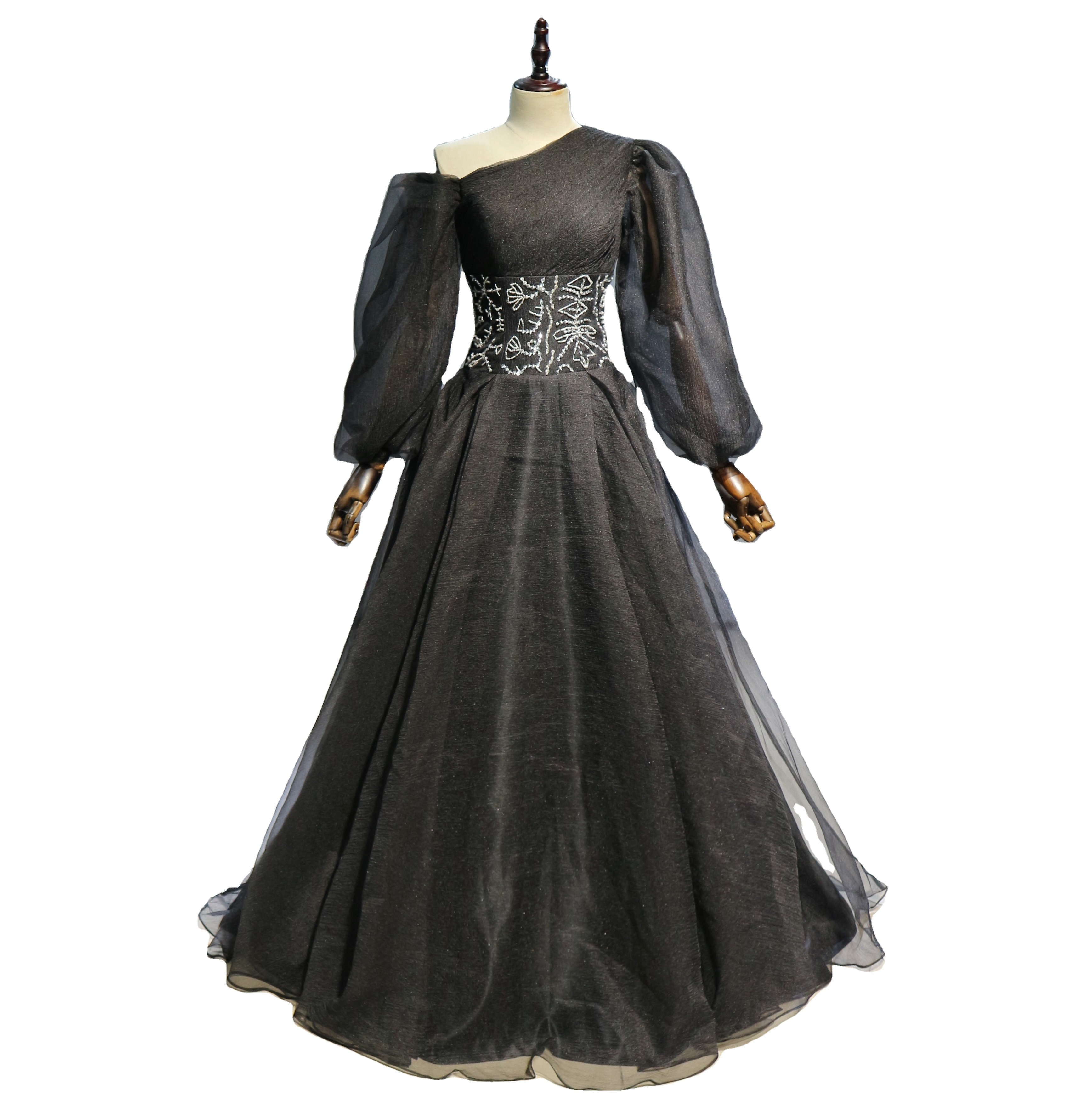 Modern Dubai Arabic Women Black Plus Size Evening Dresses Organza Puff Long Sleeves Crystal Belt Prom Gowns Formal Party Gown