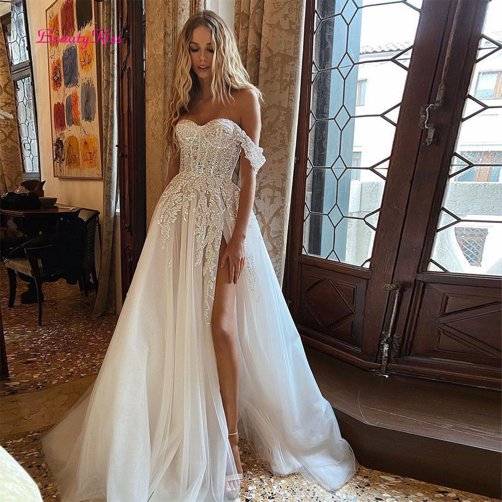 Side Slit Boho Lace Appliques 3D Flowers Off Shoulder A-Line Bridal Gowns Beach Custom Modest Wedding Dress