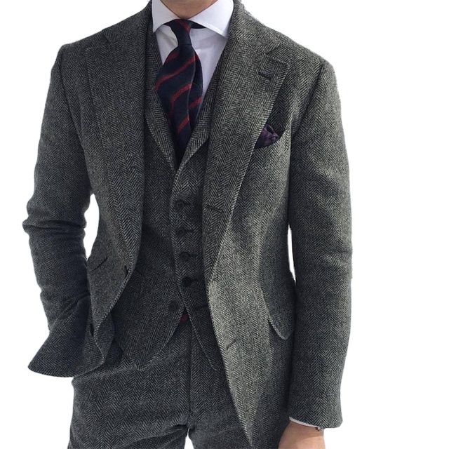 Gray Wool Tweed Winter Custom Men Suits Italian For Wedding Formal Groom Tuxedo Herringbone Male Fashion 3 Piece