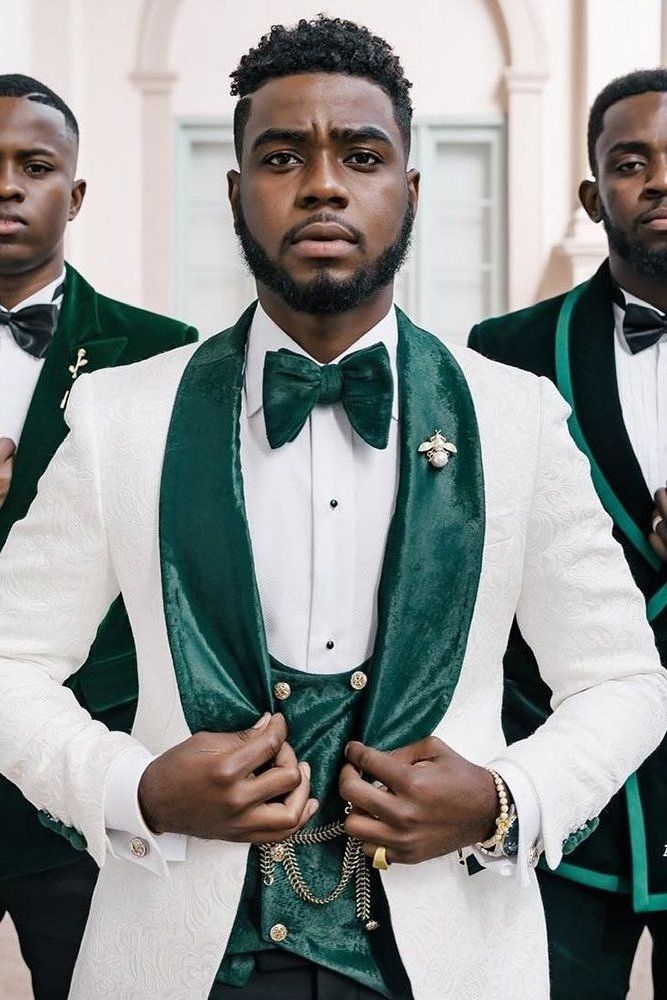 Men Suits 3 Piece Tuxedo Jacquard White and Green Velvet Style Suits Wedding Party Elegant Suits Formal Fashion Bespoke For Men