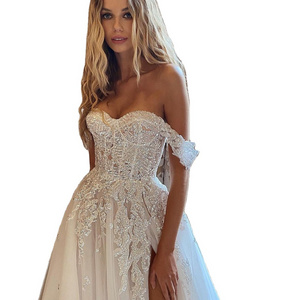 Side Slit Boho Lace Appliques 3D Flowers Off Shoulder A-Line Bridal Gowns Beach Custom Modest Wedding Dress