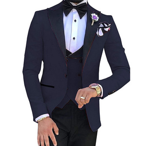 Latest 3 Piece Men Suit Navy Blue Men Formal Prom Suits Slim Fit Wedding Tuxedo for Groom ( Blazer+Vest+Trousers+Bow Tie )