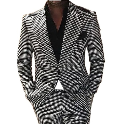 Houndstooth BW Tweed Men's Wedding Suits 2 Piece Solid Colored Standard Fit Single Breasted Two-buttons 2023